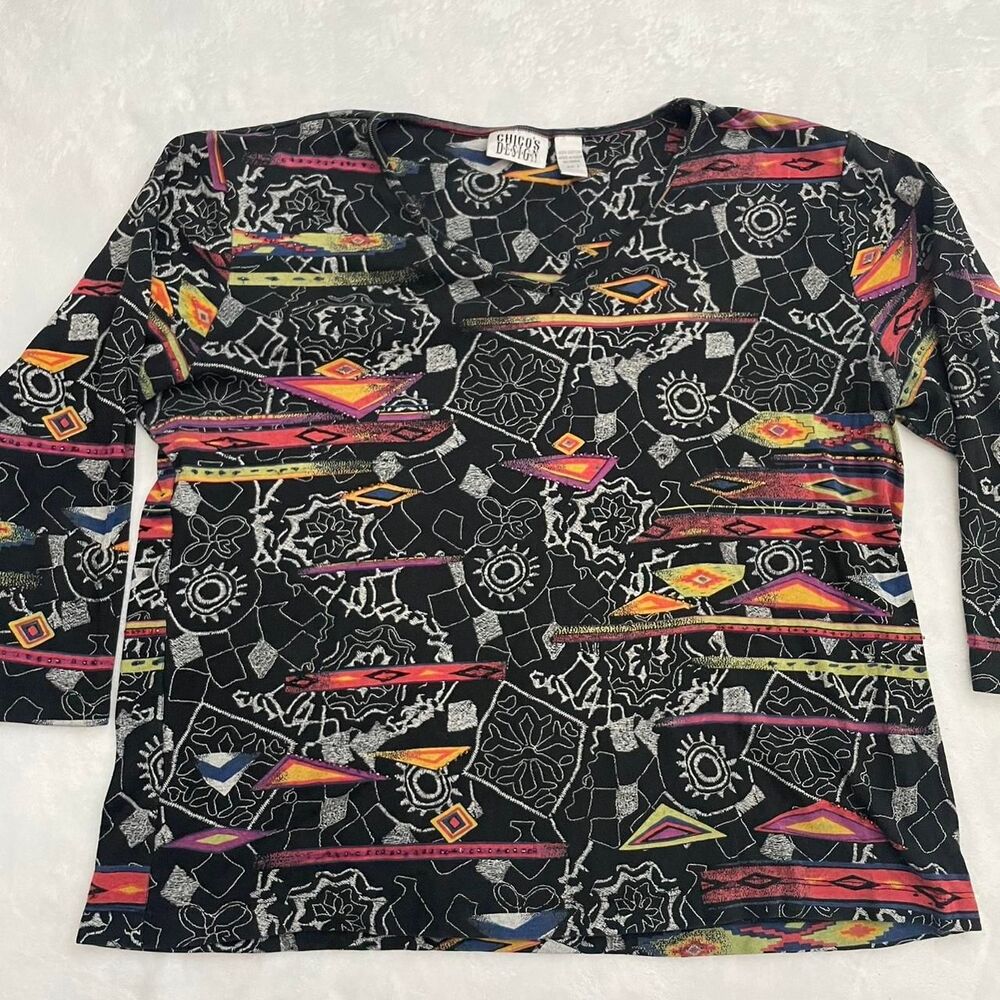 Chico;s Design Retro Shirt Women's 3 Multi 80s Boho Indie Vintage VTG